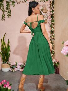 SHEIN Cold Shoulder Tie Backless Pleated Detail Flare Hem Dress - Green - View 1