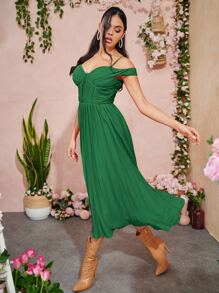 SHEIN Cold Shoulder Tie Backless Pleated Detail Flare Hem Dress - Green - View 4