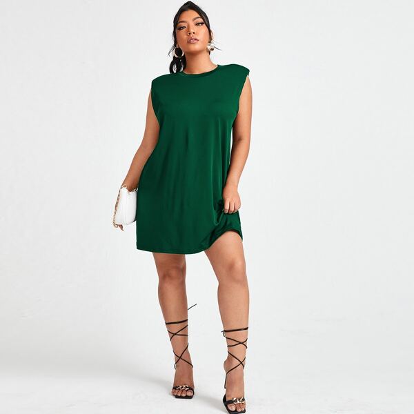 

Plus Solid Shoulder Pad Tank Dress, Dark green