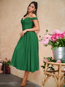 SHEIN Cold Shoulder Tie Backless Pleated Detail Flare Hem Dress - Green - View 5