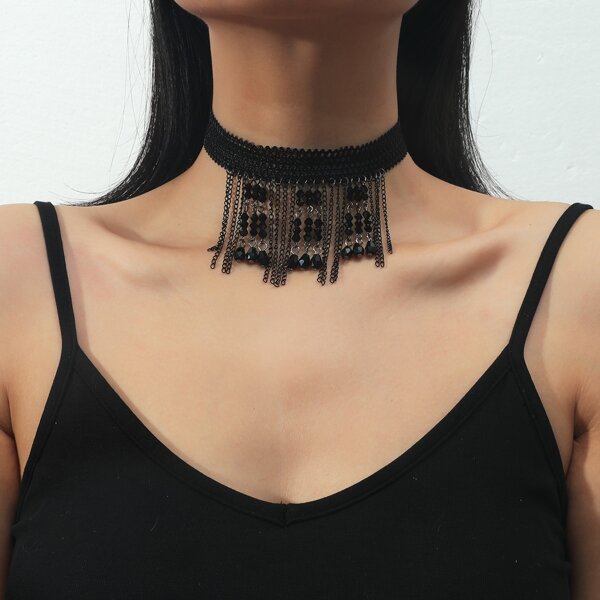 

Metal Tassel Charm Choker, Black