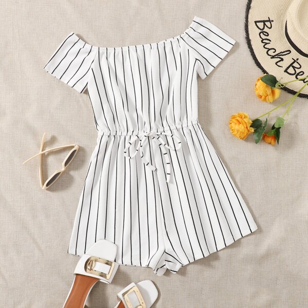 

Knot Waist Striped Romper, White