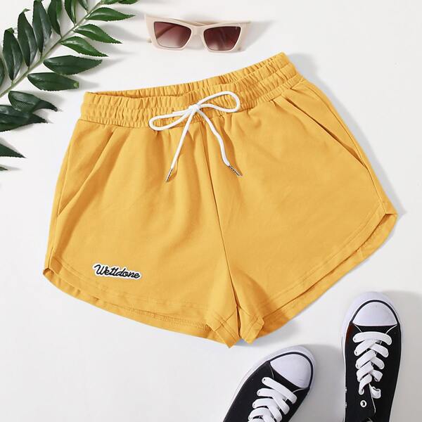

Letter Patched Drawstring Waist Track Shorts, Yellow
