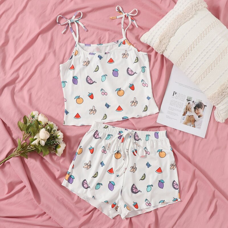 

Allover Fruit Print Tie Shoulder Cami PJ Set, White