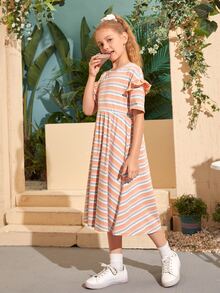 SHEIN Vestido A Rayas Con Ribete De Volantes De 1 Pieza Para Niñas - Multicolor - Ver 3