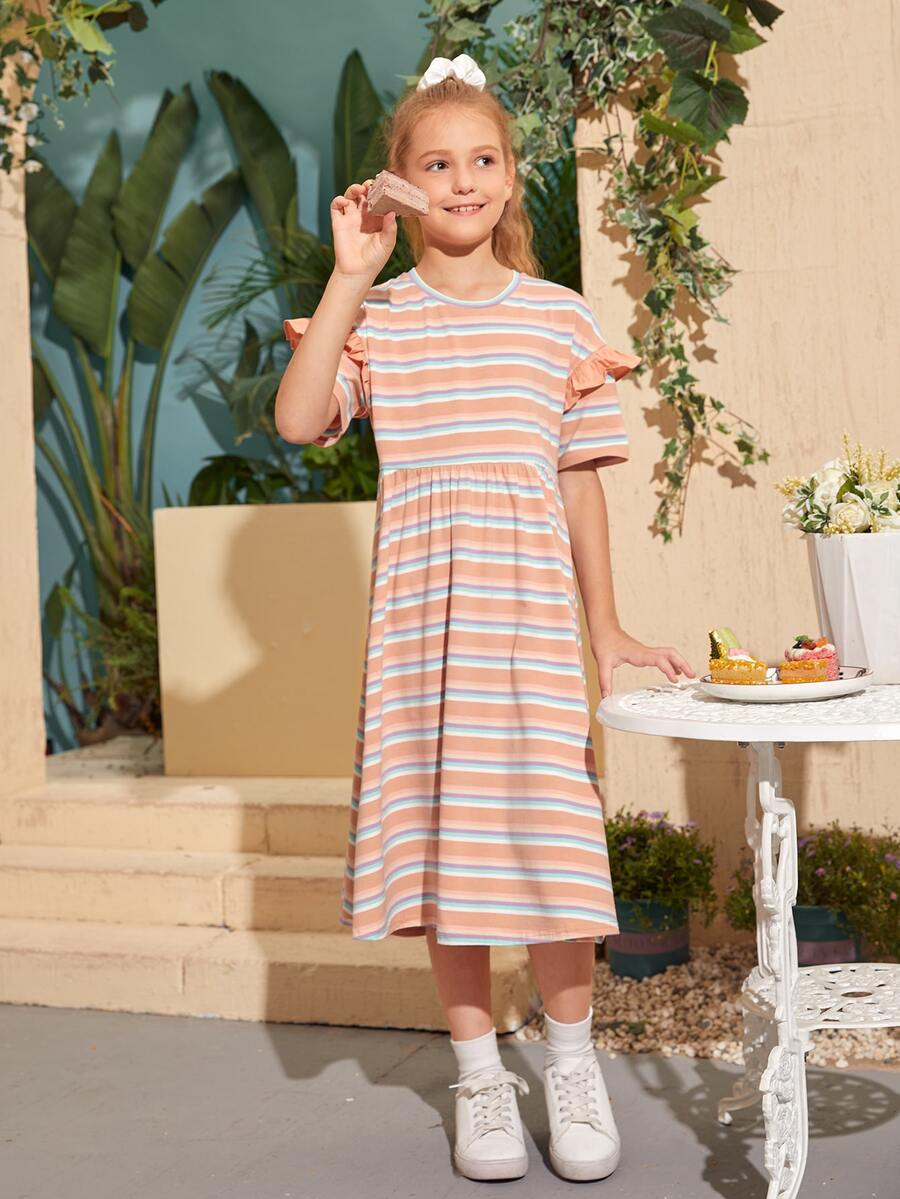 SHEIN Vestido A Rayas Con Ribete De Volantes De 1 Pieza Para Niñas - Multicolor - Ver 1