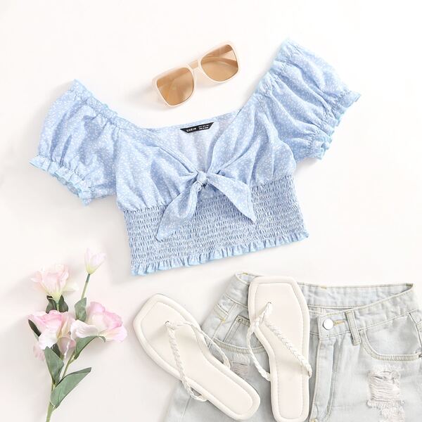 

Tie Front Shirred Hem Allover Plants Top, Baby blue