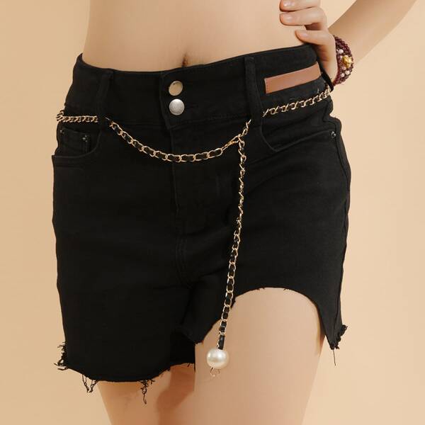 

Faux Pearl Decor Chain Belt, Black