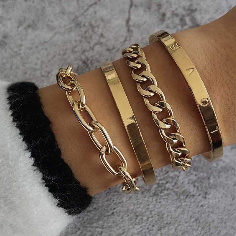 

4pcs Letter Cuff & Chain Bracelet, Gold