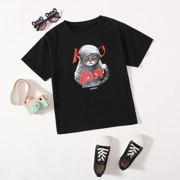 

Boys Cat Print Tee, Black