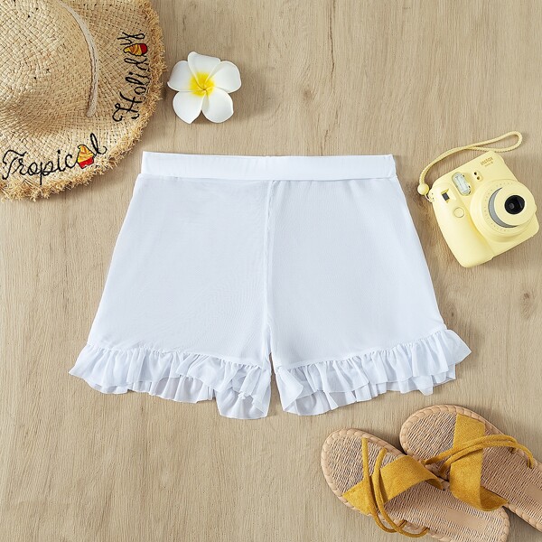 

Ruffle Trim Sheer Mesh Cover Up Shorts, White