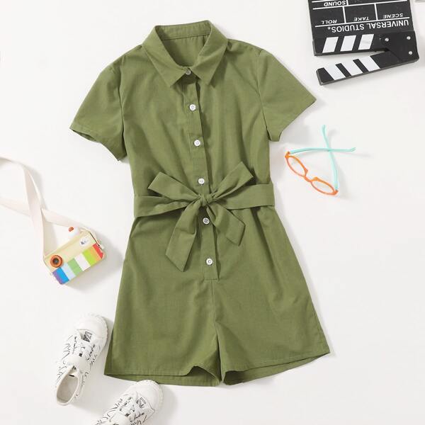 

Girls Button Front Belted Shirt Romper, Army green