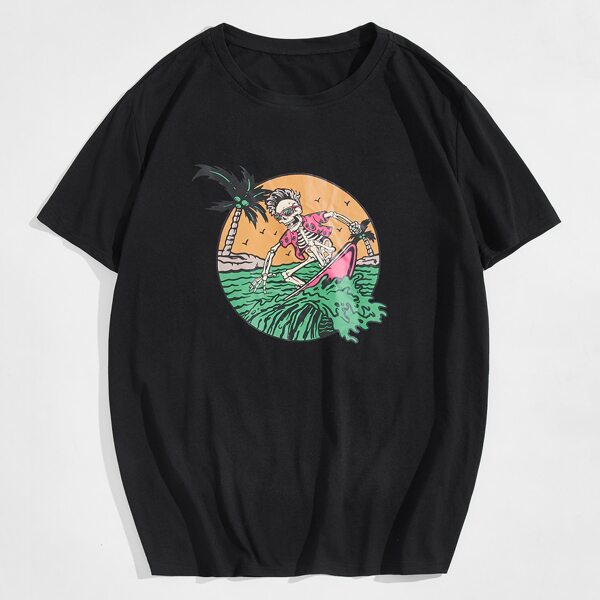 

Men Skeleton And Tropical Print Tee, Black