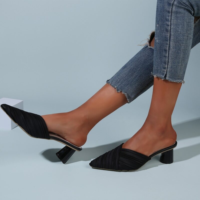 

Pleated Chunky Heeled Mules, Black