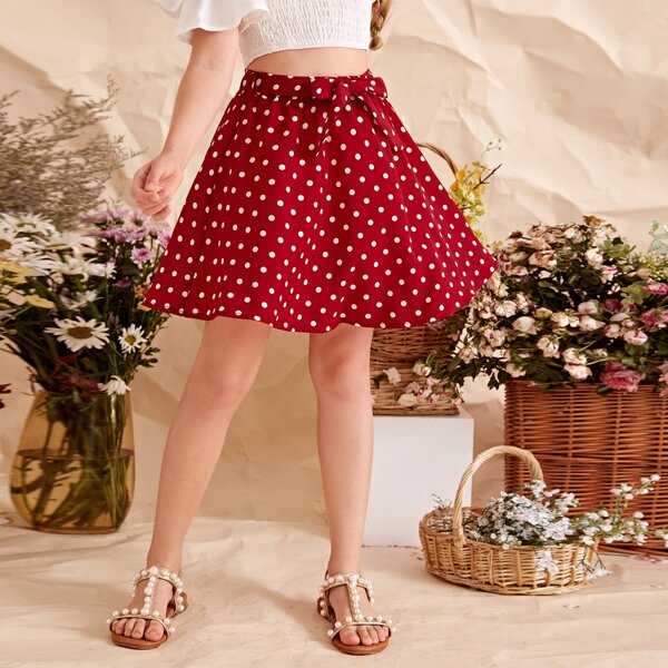 

Girls Self Belted Polka Dot Skirt, Red and white