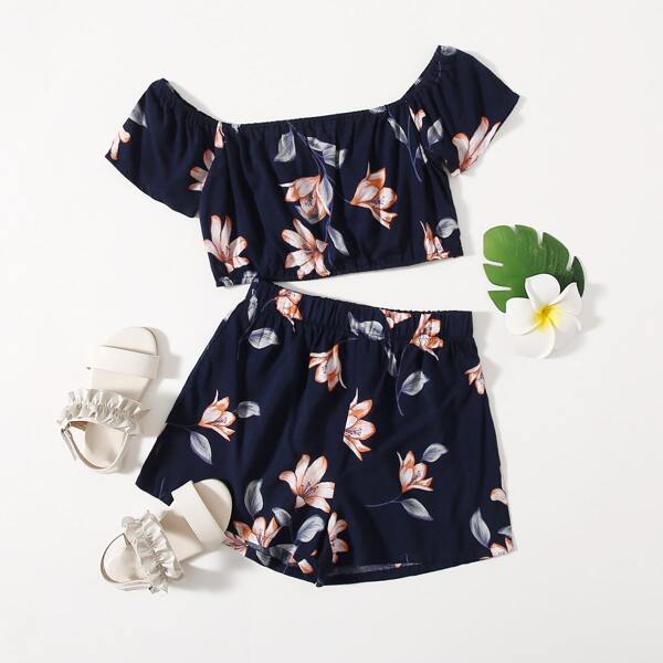 

Girls Floral Print Bardot Top & Shorts, Navy blue