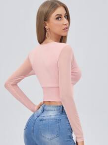 SHEIN BAE Surplice Neck Sheer Mesh Sleeve Top - Baby Pink - View 2