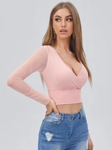 SHEIN BAE Surplice Neck Sheer Mesh Sleeve Top - Baby Pink - View 3