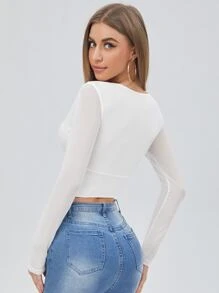 SHEIN BAE 交叉領薄透網紗袖上衣 - 白色 - 查看 2