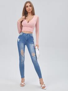 SHEIN BAE Surplice Neck Sheer Mesh Sleeve Top - Baby Pink - View 4