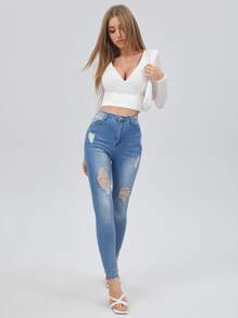 SHEIN BAE 交叉領薄透網紗袖上衣 - 白色 - 查看 3