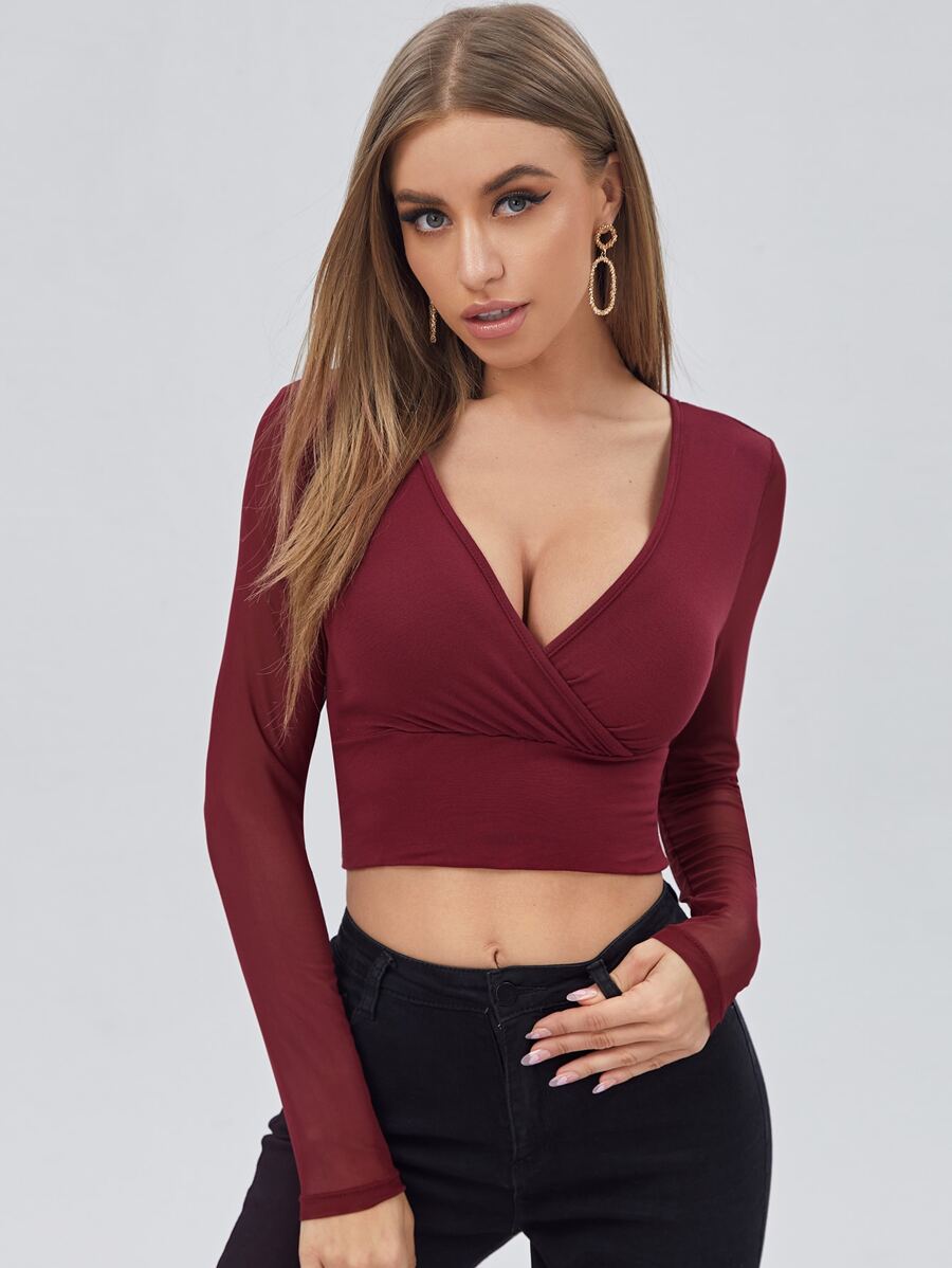 SHEIN BAE Surplice Neck Sheer Mesh Sleeve Top - Burgundy - View 1