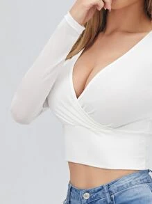 SHEIN BAE 交叉領薄透網紗袖上衣 - 白色 - 查看 4