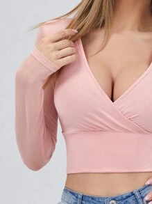SHEIN BAE Surplice Neck Sheer Mesh Sleeve Top - Baby Pink - View 5