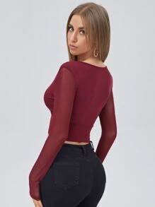 SHEIN BAE Surplice Neck Sheer Mesh Sleeve Top - Burgundy - View 2