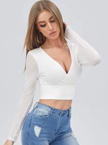 SHEIN BAE 交叉領薄透網紗袖上衣 - 白色 - 查看 5