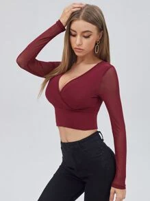 SHEIN BAE Surplice Neck Sheer Mesh Sleeve Top - Burgundy - View 4