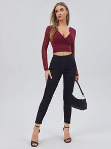 SHEIN BAE Surplice Neck Sheer Mesh Sleeve Top - Burgundy - View 5