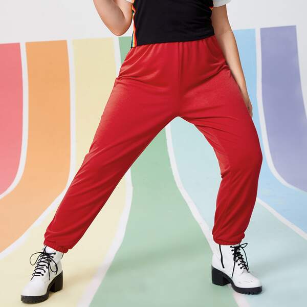 

Plus Elastic Waist Solid Sweatpants, Red