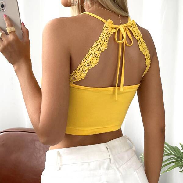 

Guipure Lace Trim Tied Open Back Top, Yellow