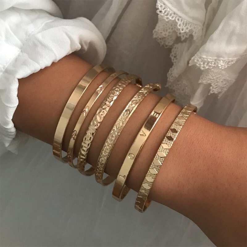 

6pcs Letter Cuff Bracelet, Gold