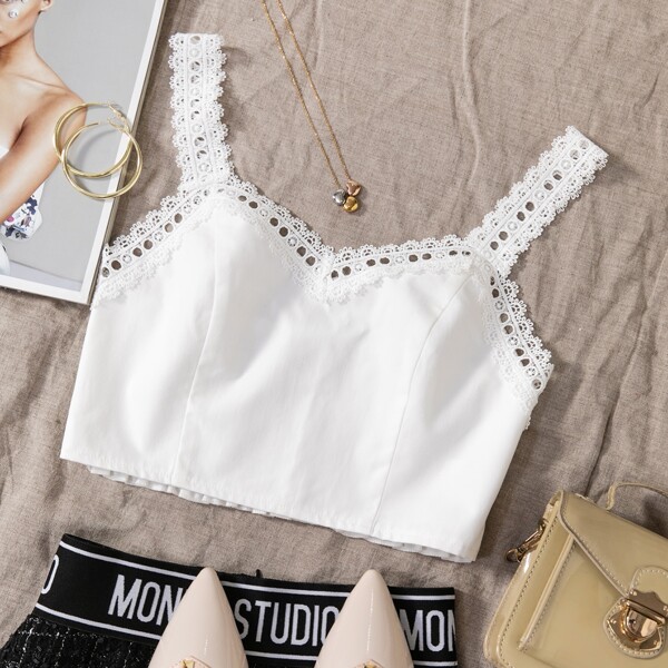 

Guipure Lace Panel Cami Top, White