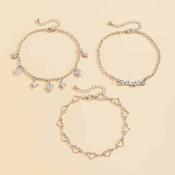 

3pcs Girls Heart Decor Anklet, Silver