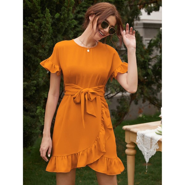

Ruffle Hem Belted Dress, Orange