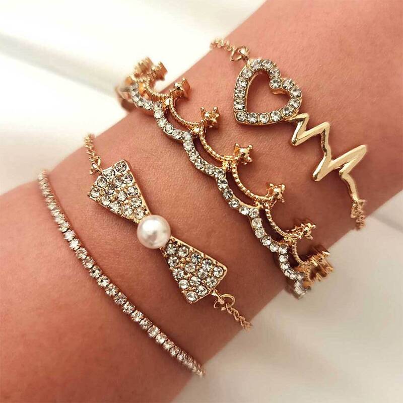 

4pcs Bow & Heart Decor Bracelet, Gold