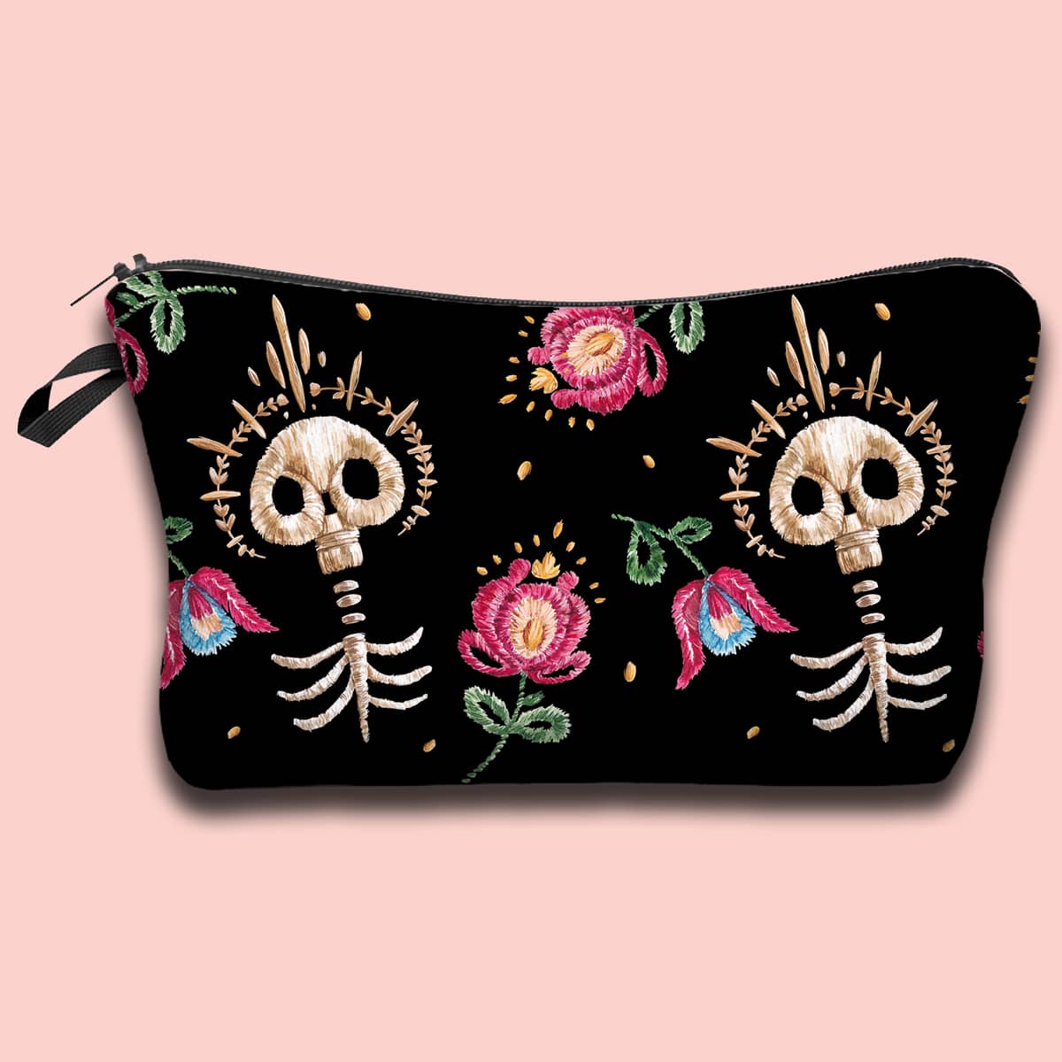 

Skull Embroidered Zipper Makeup Bag, Black