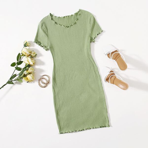 

Lettuce Trim Rib-knit Bodycon Dress, Lime green