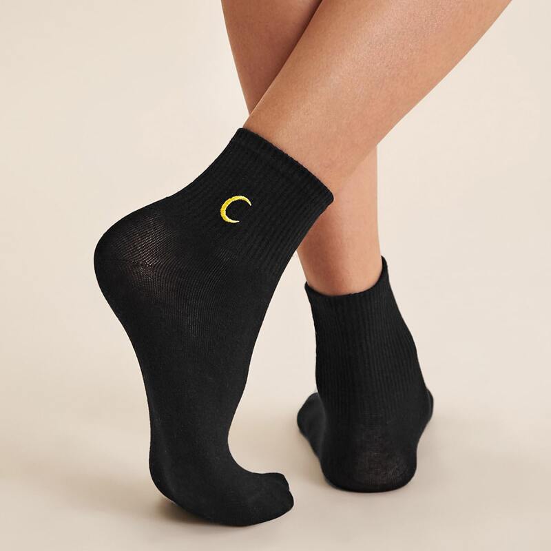 

Moon Embroidery Crew Socks, Black