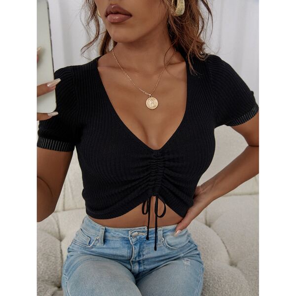 

Drawstring Ruched Front Ribbed Knit Crop Top, Black