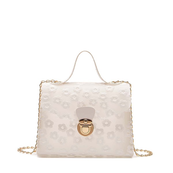 

Floral Embroidered Push Lock Chain Bag, White
