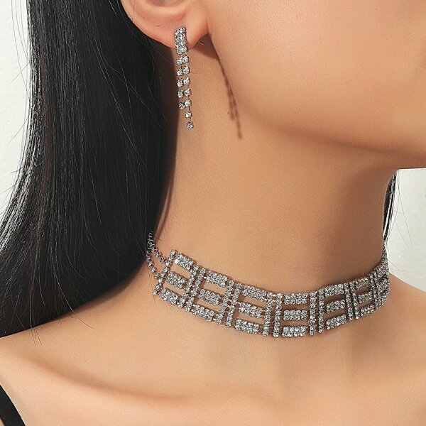 

Rhinestone Decor Necklace & 1pair Drop Earrings, Silver
