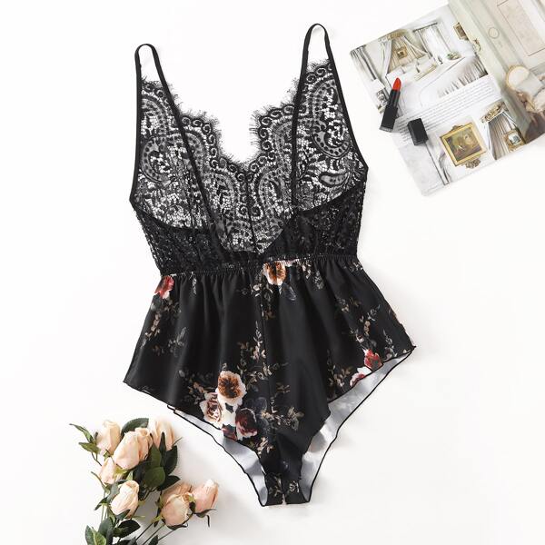 

Plus Floral Print Contrast Lace Teddy Bodysuit, Black