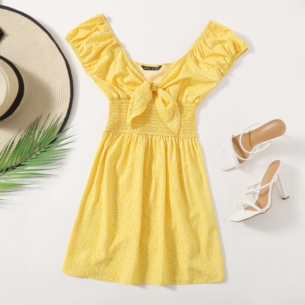 

Knot Front Shirred Waist Allover Print Dress, Yellow
