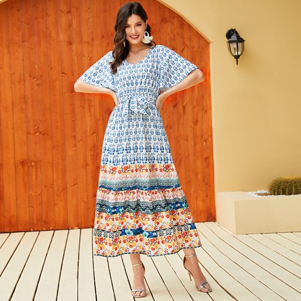 

Floral Flutter Sleeve Belted A-line Dress, Multicolor