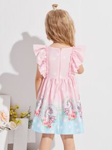 SHEIN Vestido Con Ribete De Volantes, Gráfico De Dibujos Animados Para Niñas Pequeñas - Rosa Pálido - Ver 2