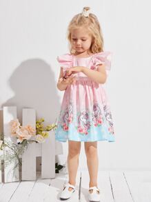 SHEIN Vestido Con Ribete De Volantes, Gráfico De Dibujos Animados Para Niñas Pequeñas - Rosa Pálido - Ver 3